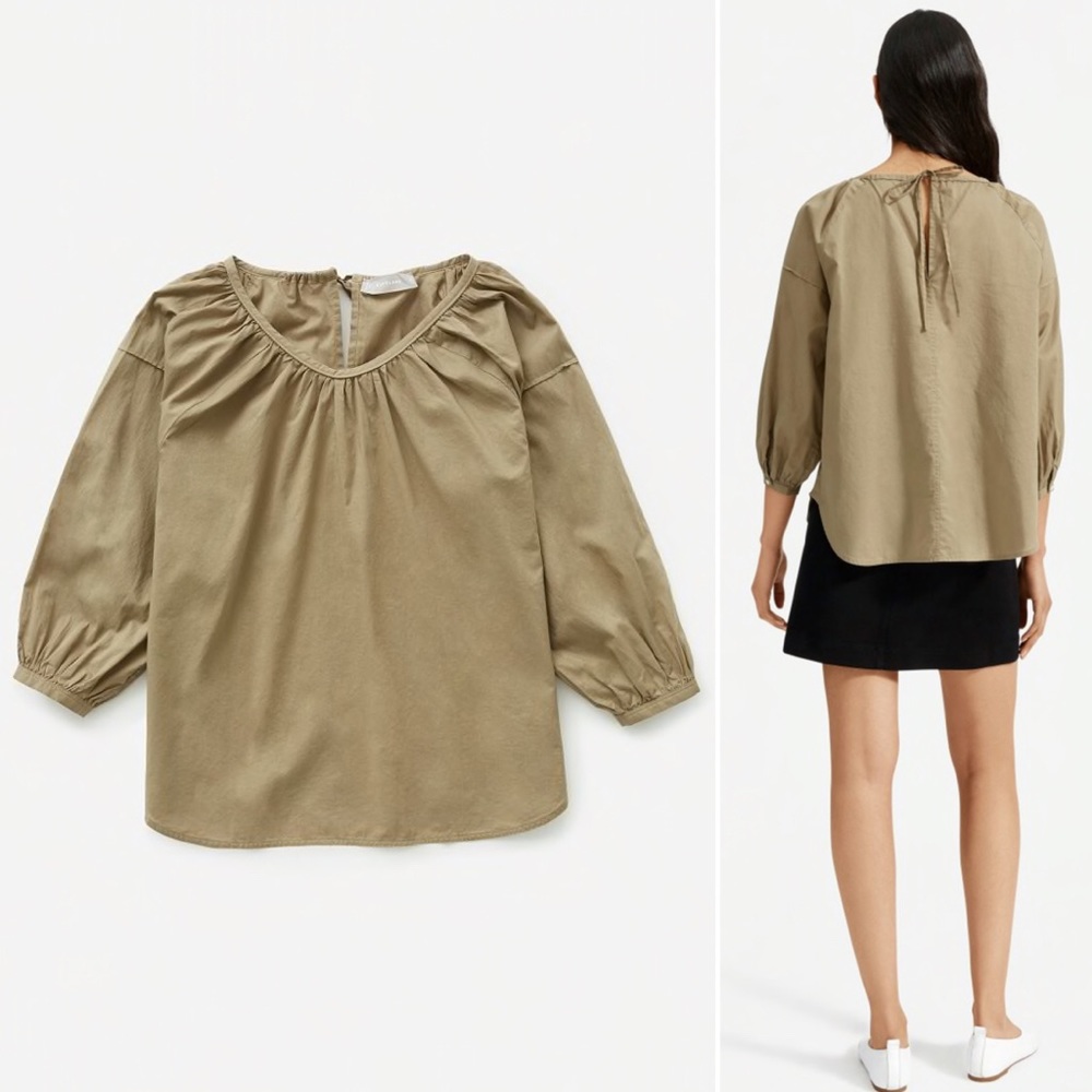 Everlane The Ruched Air Green Cotton Blouse 16